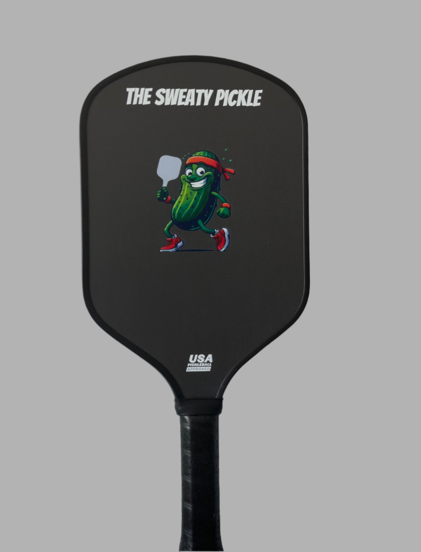 Carbon Fiber Sweaty Pickleball Paddle with funny graphics, front of paddle - The Sweaty Pickle